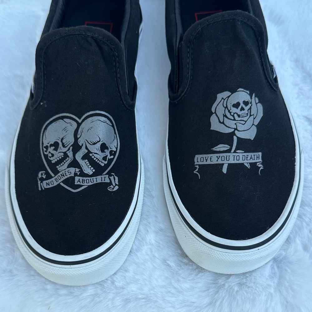 Unisex Vans Black Skull Slip-On Sneakers - Picture 2 of 12